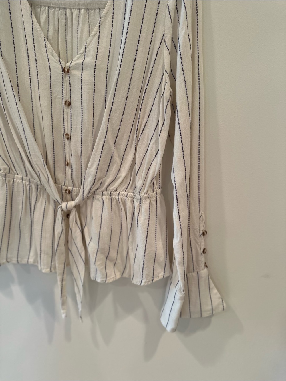 Blu Pepper Cream Striped Tie-Front Blouse - Picture 5 of 6